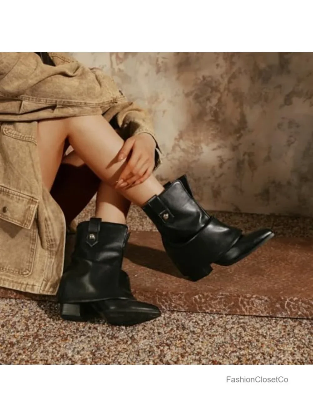 Faux Leather Folded Ankle Boots Pointed Toe Chunky Heel Booties Concert